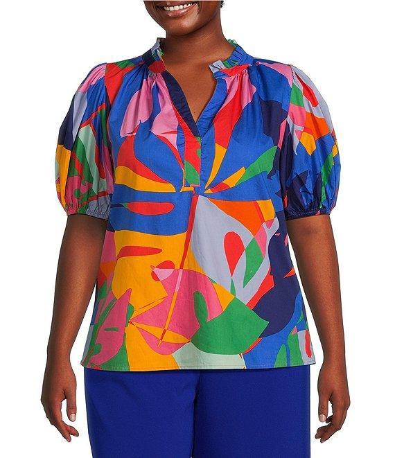 Sugarlips Plus Tropical Floral/Abstract Print Short Puff Sleeve Blouse Product Image