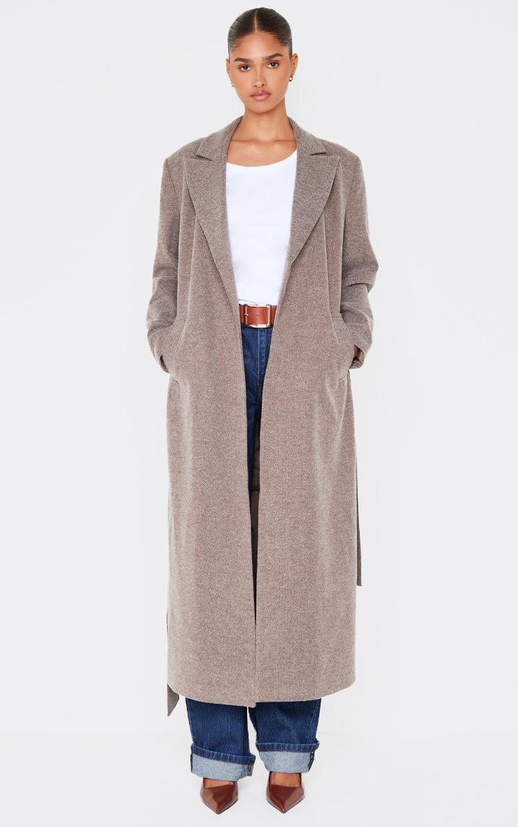 Mushroom Herringbone Self Tie Maxi Coat Product Image