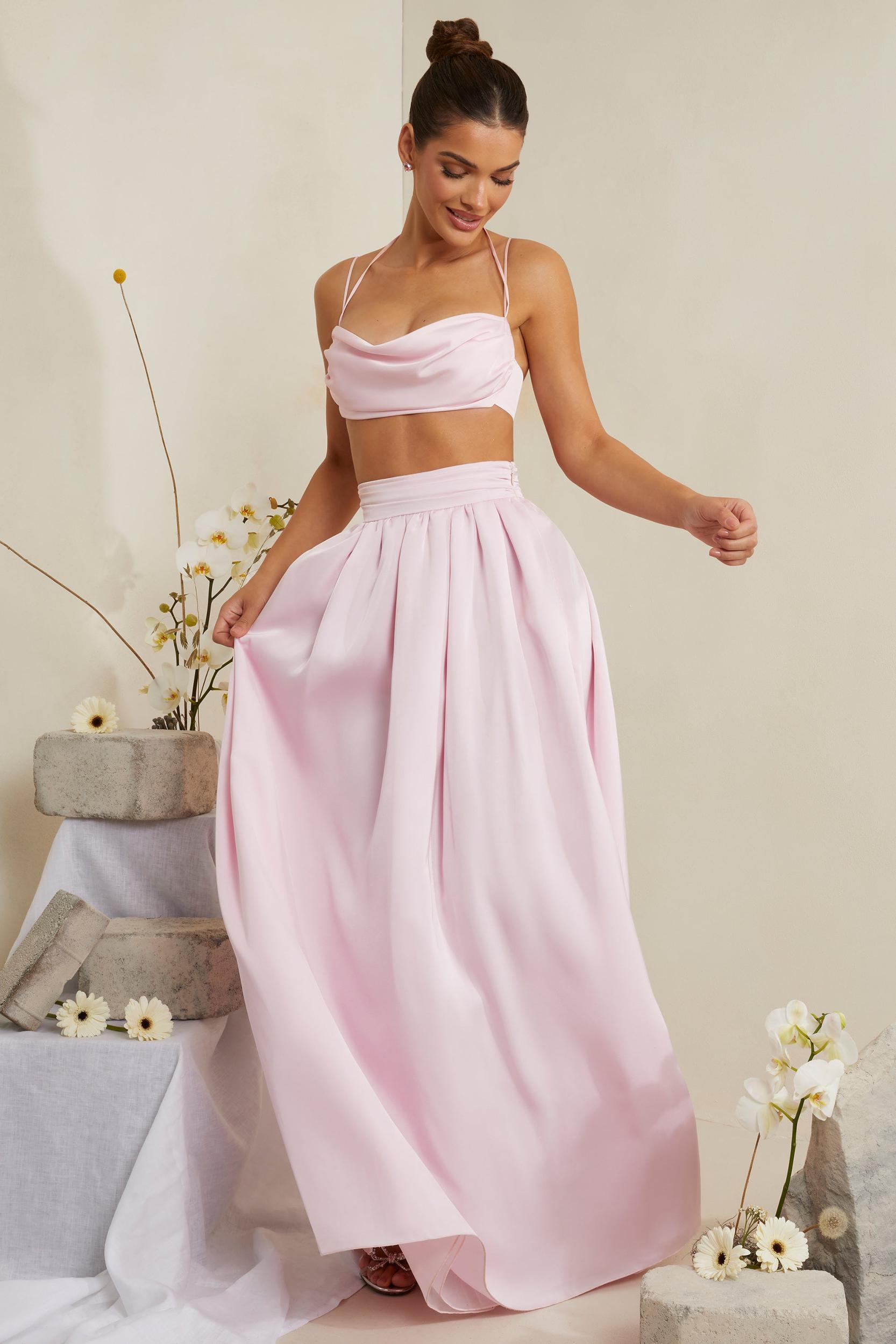 Cowl Neck Heavy Satin Crop Top in Pink Product Image
