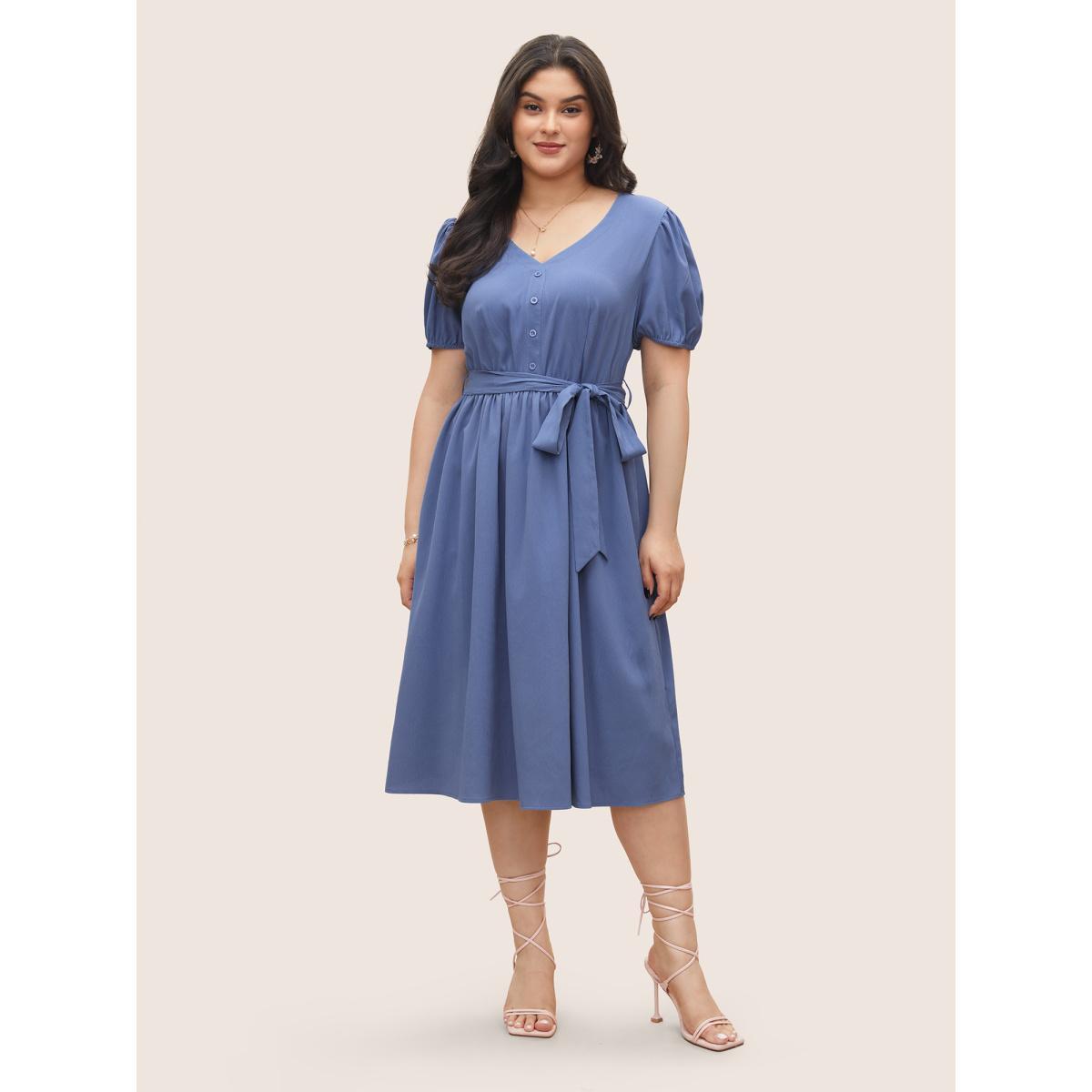Plus Size Solid Button Detail Belted Elastic Waist Dress Stone Women At the Office Non V-neck Short sleeve Curvy Midi Dress BloomChic 14-16/1X Product Image