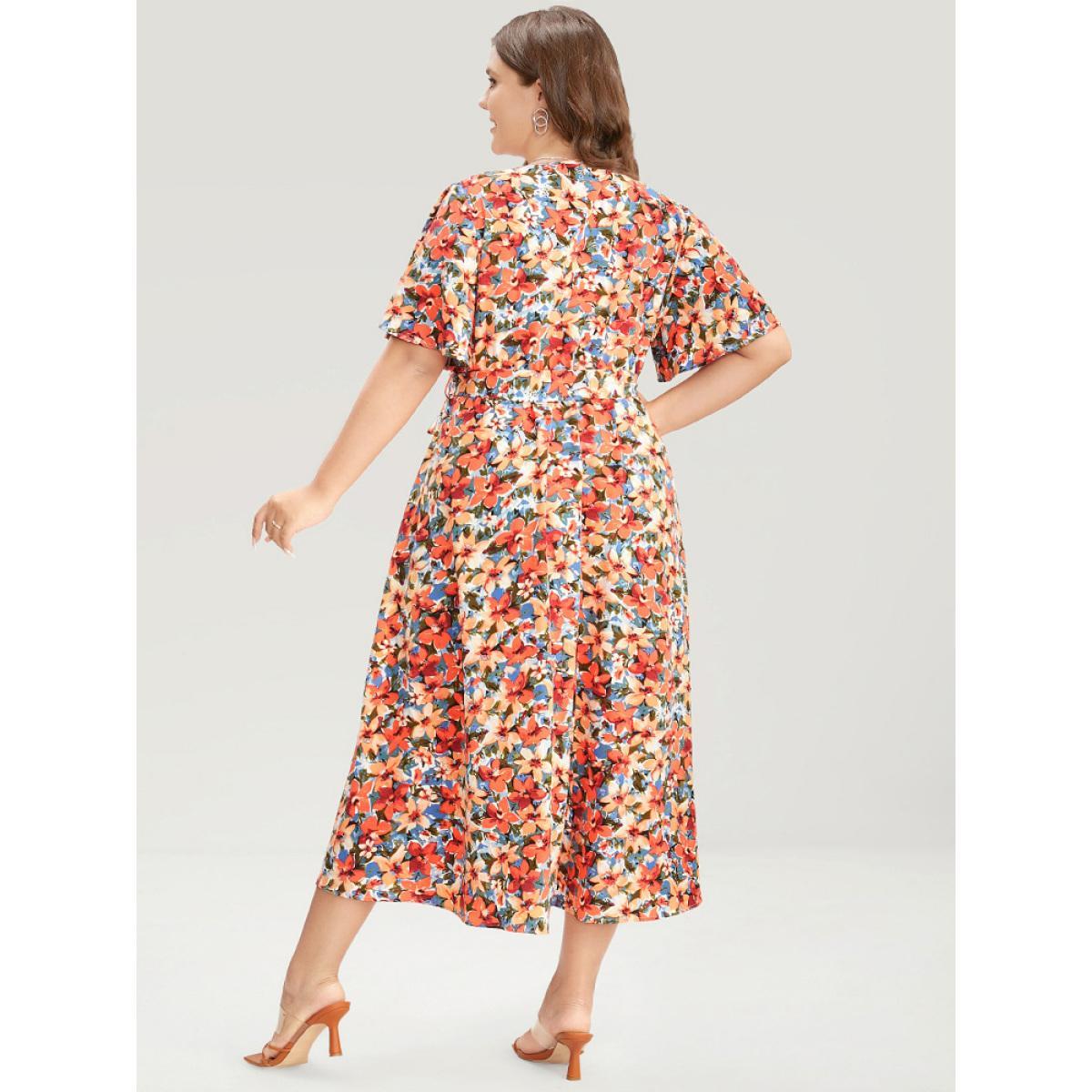 Plus Size Floral Printed Ruffle Sleeve Pocket Surplice Neck Flutter Dress Multicolor Women Elegant Cross straps V-neck Short sleeve Curvy Midi Dress BloomChic 12/L Product Image