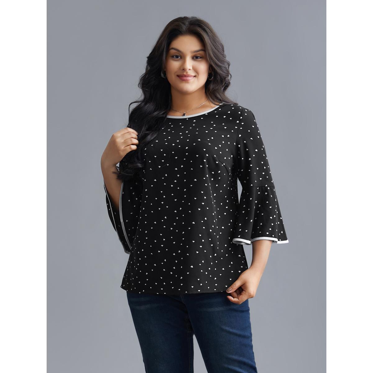 Plus Size Black Heart Print Bell Sleeve Patchwork Blouse Women Elegant Elbow-length sleeve Round Neck Everyday Blouses BloomChic 30/6X Product Image