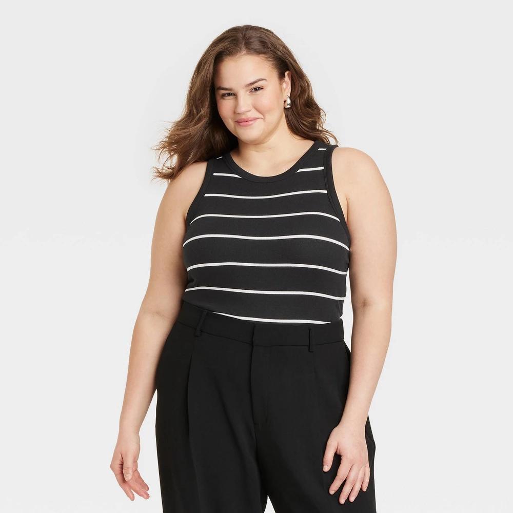 Womens Slim Fit Ribbed Tank Top - A New Day Black Striped XXL Product Image