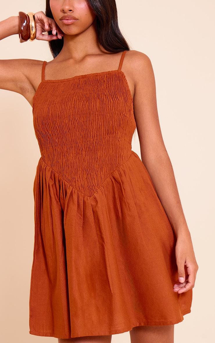 Petite Rust Spaghetti Strap Shirred Bodice Shift Dress Product Image