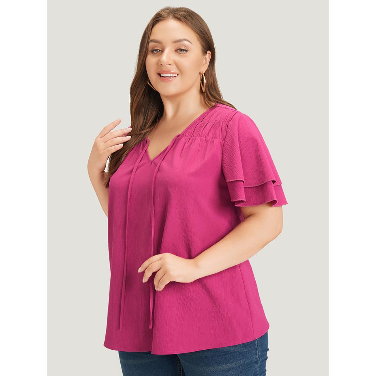 Plus Size RedViolet Solid Tie Neck Shirred Flutter Layered Sleeve Blouse Women Elegant Short sleeve Tie Neck Dailywear Blouses BloomChic 30/6X Product Image