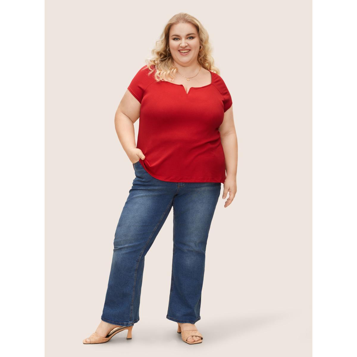 Plus Size Solid Notched Collar Pit Strip T-shirt Brightred Women Timeless Non Notched collar Bodycon Elegant T-shirts BloomChic 26/4X Product Image