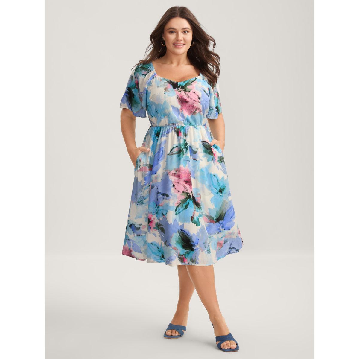 Plus Size Floral Print Sweetheart Neck Pockets Midi Dress Multicolor Women V-neck Short sleeve Curvy BloomChic 14-16/1X Product Image