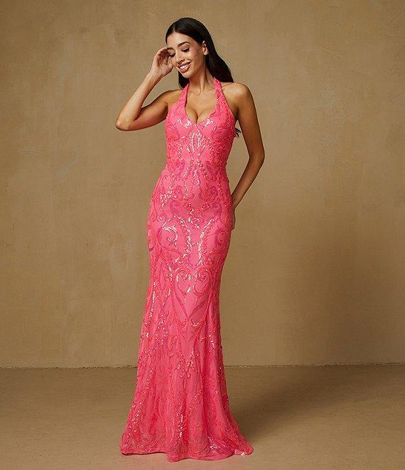 B. Darlin V-Neck Patterned Sequin Halter Dress Product Image
