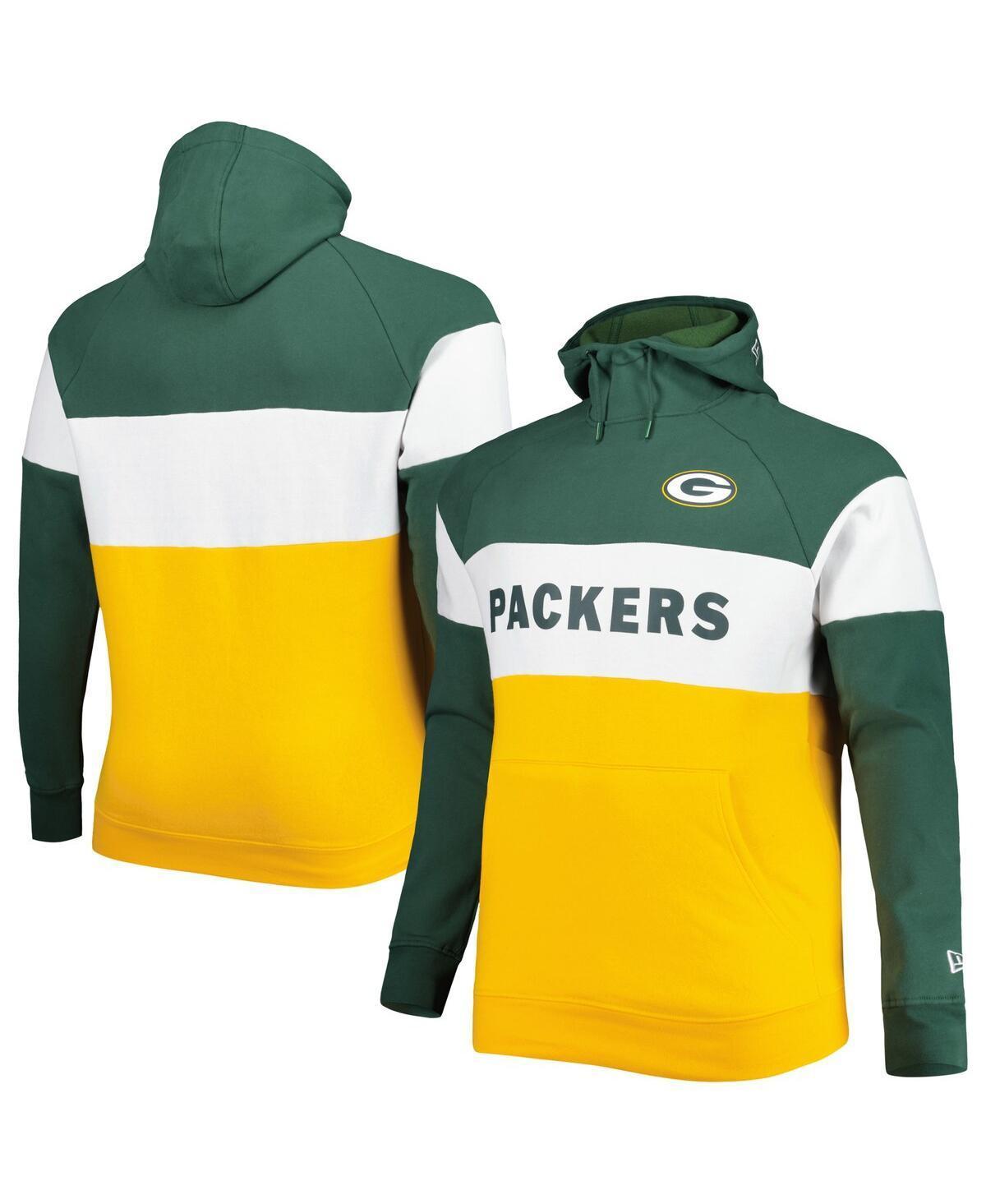 Mens New Era /Gold Bay Packers Big & Tall Current Colorblock Raglan Fleece Pullover Hoodie Product Image