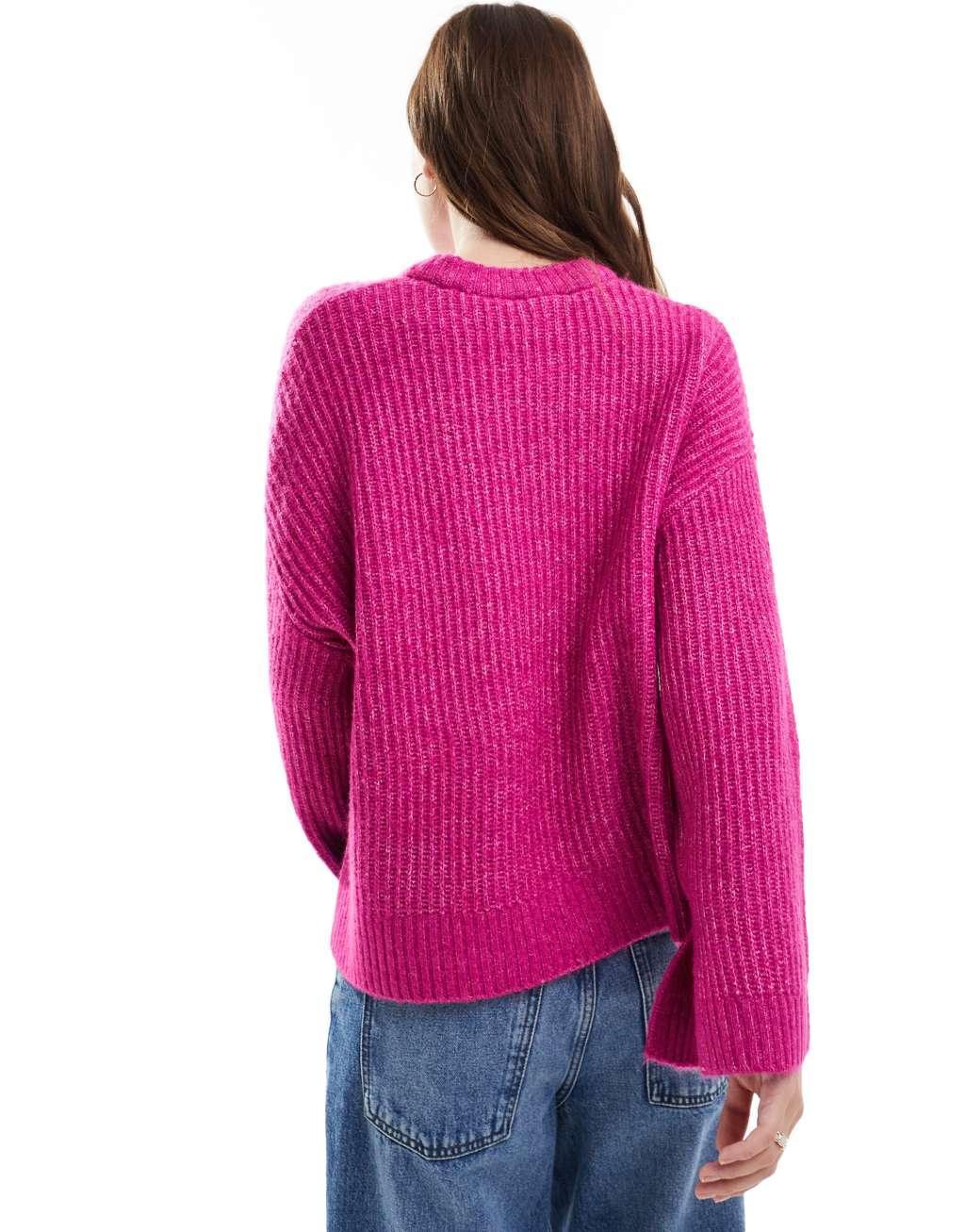 JJXX fluffy cropped ribbed sweater in pink Product Image