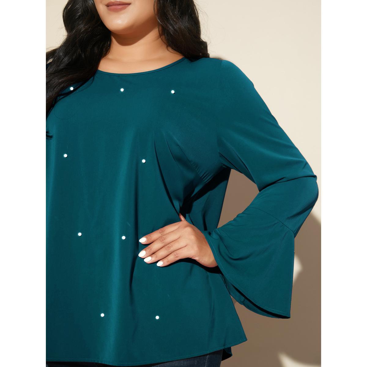 Plus Size Black Beaded Embellished Bell Sleeves Blouse Women Cocktail Long Sleeve Round Neck Party Blouses BloomChic 18-20/2X Product Image