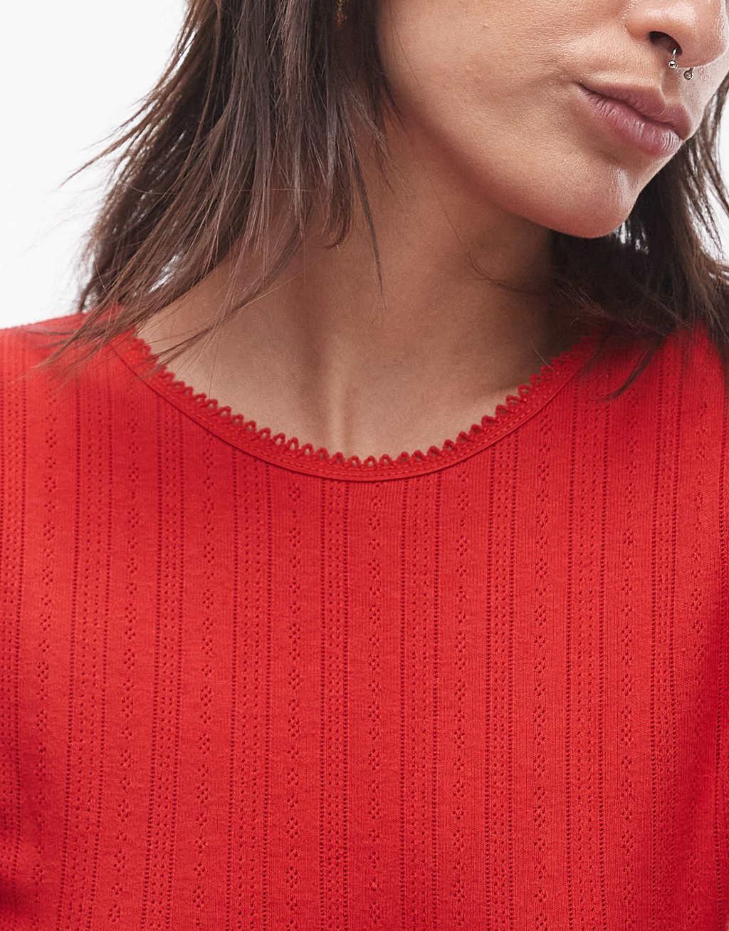 Topshop picot trim pointelle long sleeve top in red Product Image