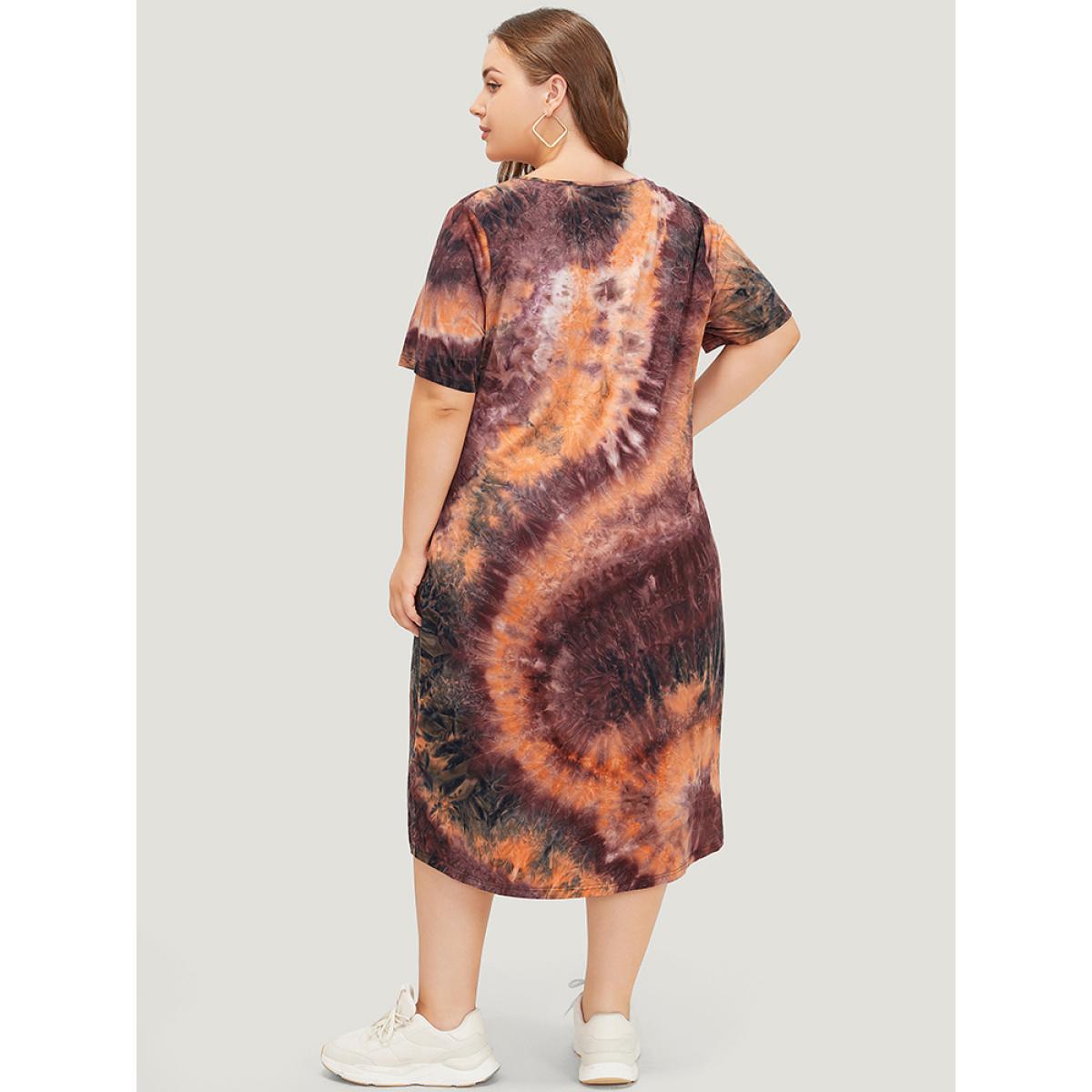 Plus Size Tie Dye Pocket Crisscross Neck Dress Multicolor Women Casual Tie Dye V-neck Short sleeve Curvy Midi Dress BloomChic 12/L Product Image