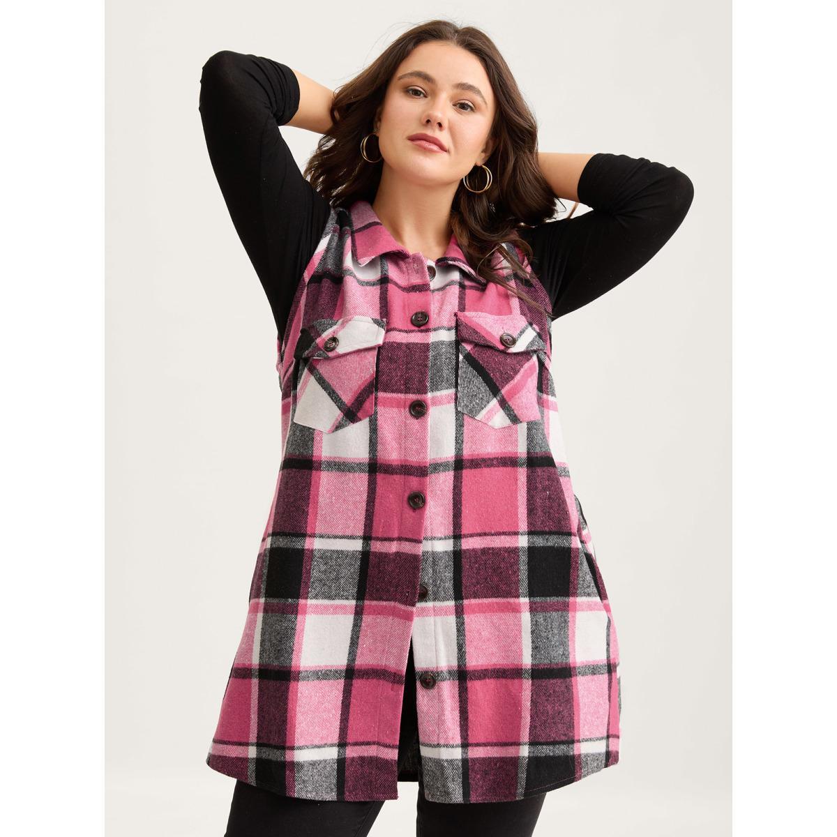 Plus Size Plaid Flap Detail Sleeveless Jacket Women Rosered Button Side seam pocket Casual Jackets BloomChic 28/5X Product Image