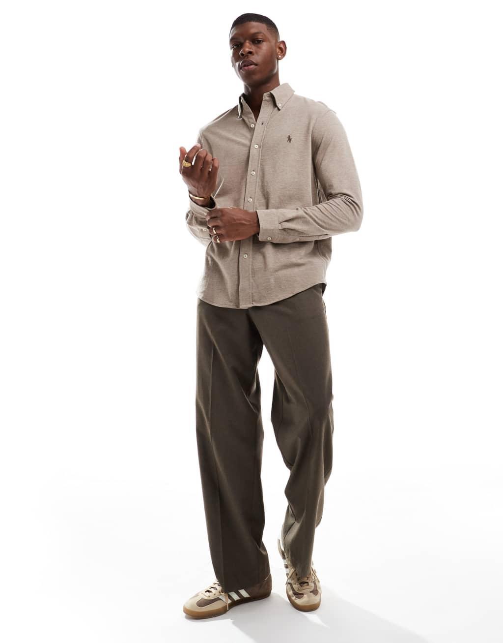 Polo Ralph Lauren icon logo pique shirt in heathered brown Product Image