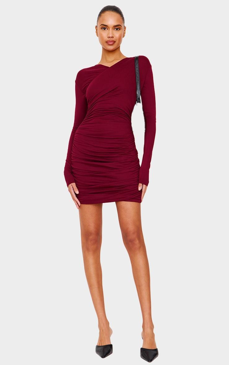 Burgundy Double Contour Cross Over Bodycon Dress Product Image