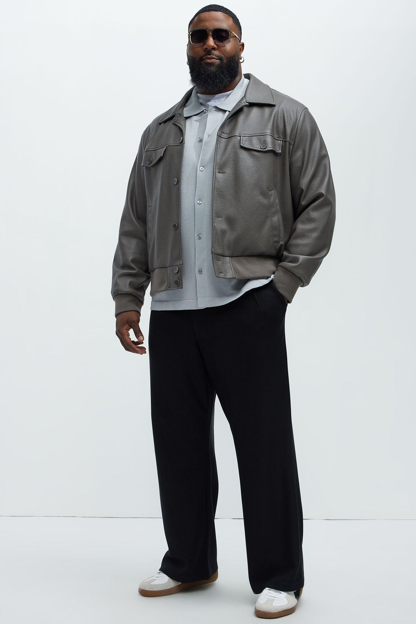 Carver Faux Leather Collar Bomber Jacket - Grey Product Image