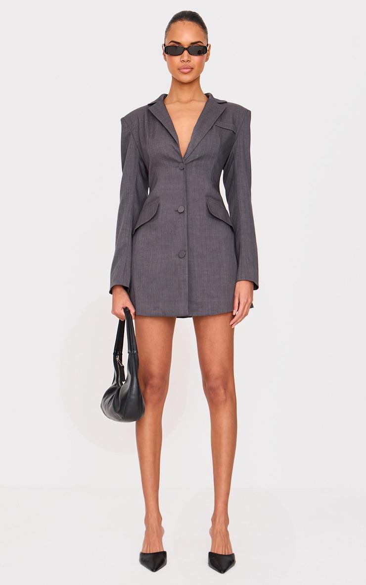 Charcoal Woven Cinched Waist Blazer Dress Product Image