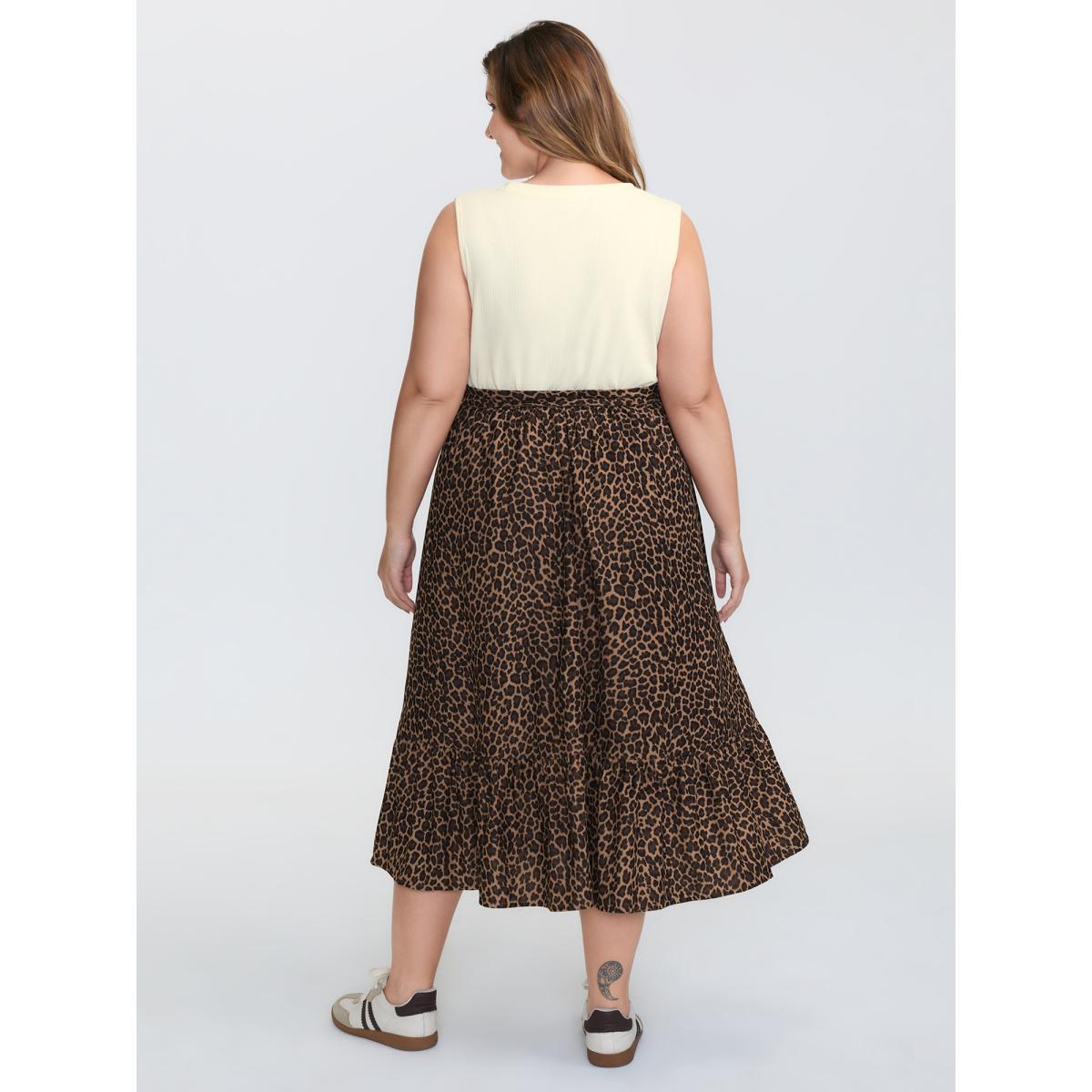 Plus Size Leopard Print Patchwork Belted Waist Midi Dress Multicolor Women Leisure Texture Round Neck Sleeveless Curvy BloomChic 30/6X Product Image