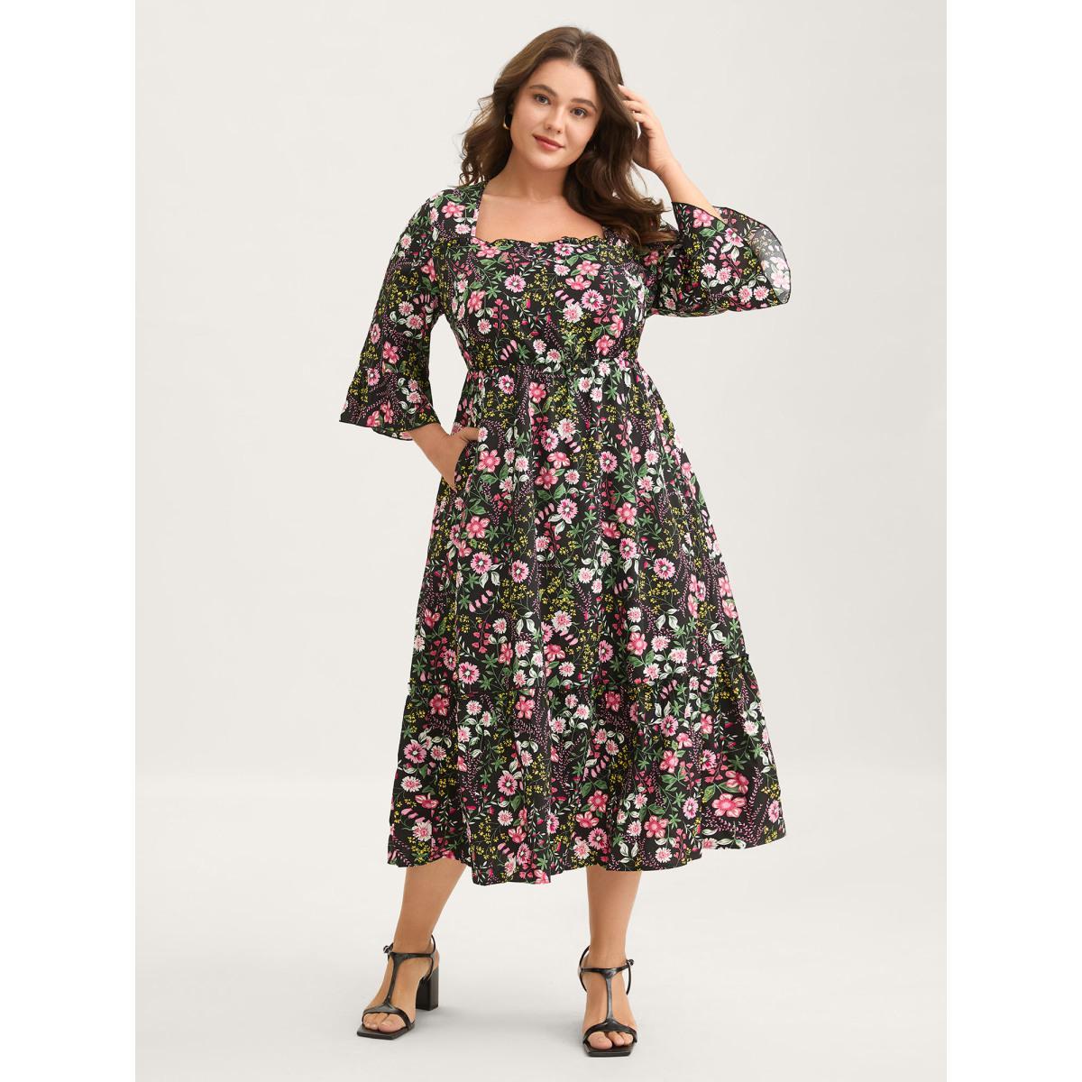 Plus Size Floral Ruffled Square Neck Midi Dress Black Women Romantic Ruffles Square Neck Elbow-length sleeve Curvy BloomChic 10/M Product Image