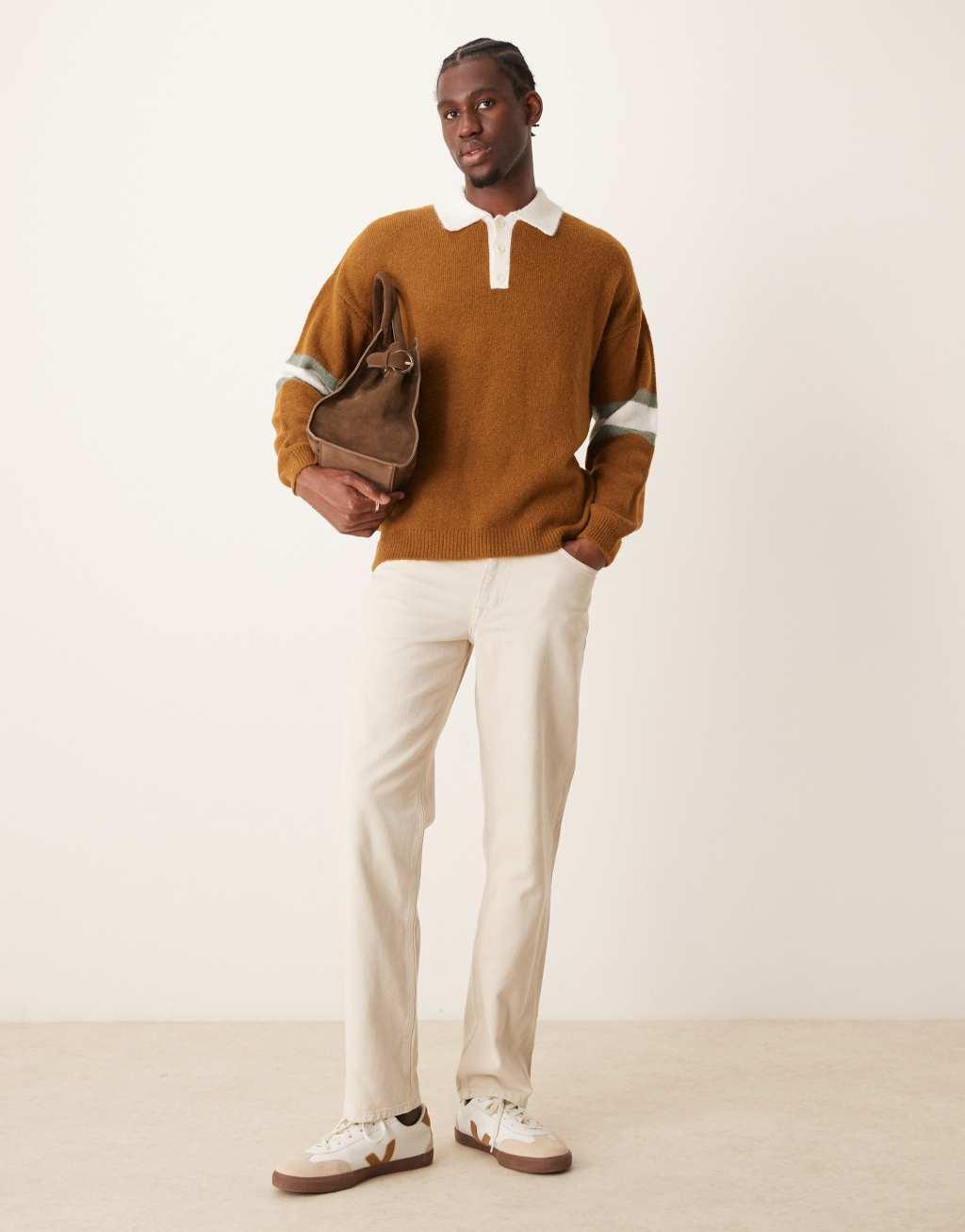 ASOS DESIGN relaxed fluffy knitted rugby polo with sleeve panel in tan Product Image