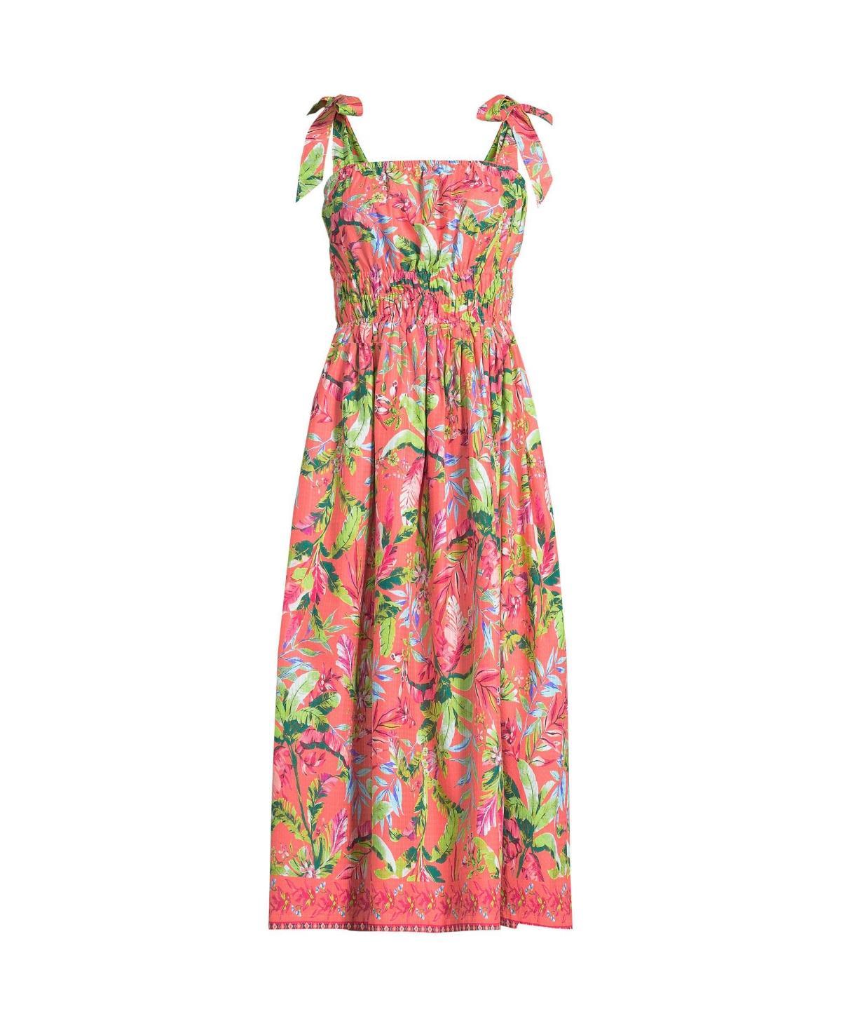 Womens Lands End Dobby Square Neck Tie Shoulder Midi Dress Pink Palm Border Product Image