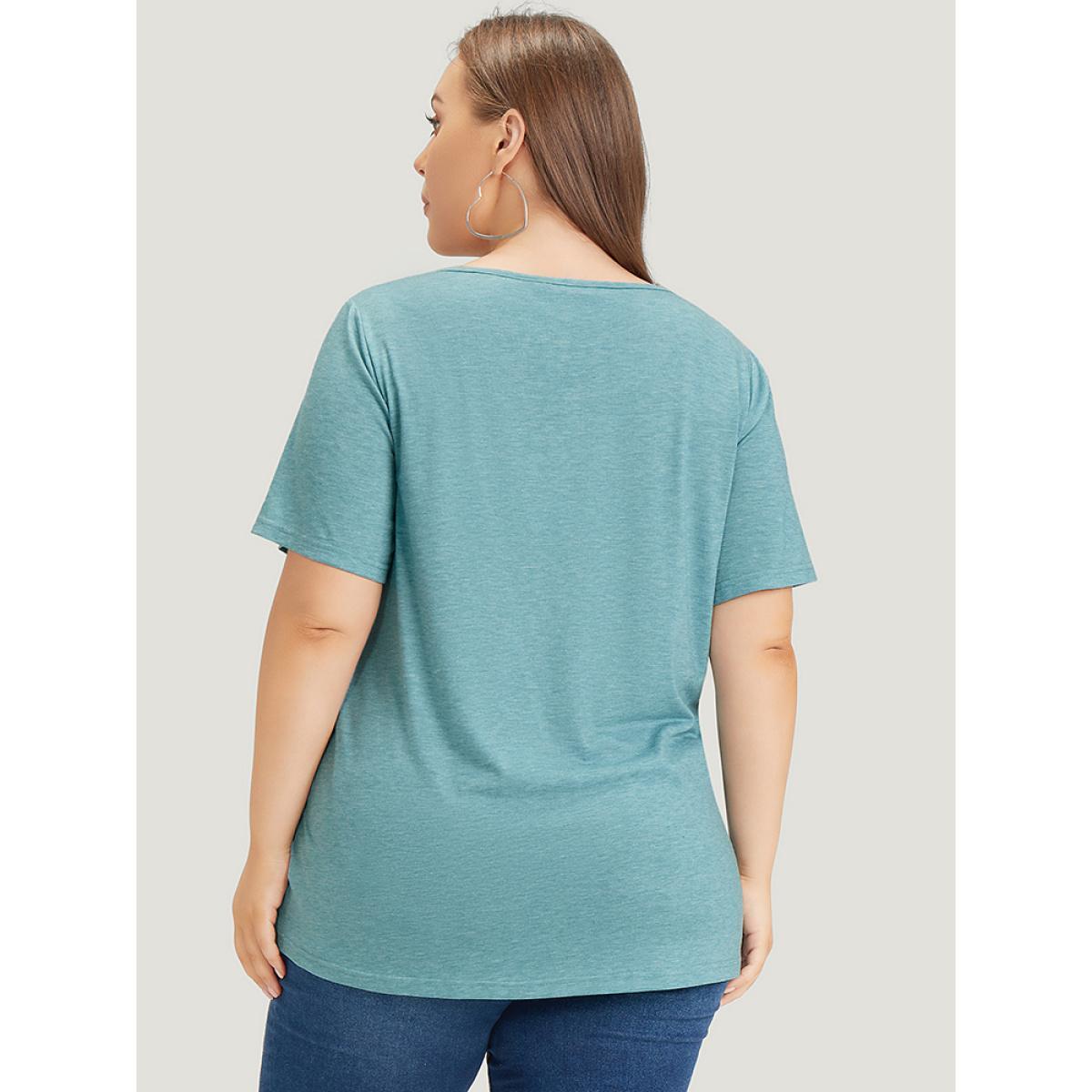 Plus Size Plain Heather Button Detail Patch Pocket T-shirt Cerulean Women Casual Heather Plain Round Neck Dailywear T-shirts BloomChic 22-24/3X Product Image