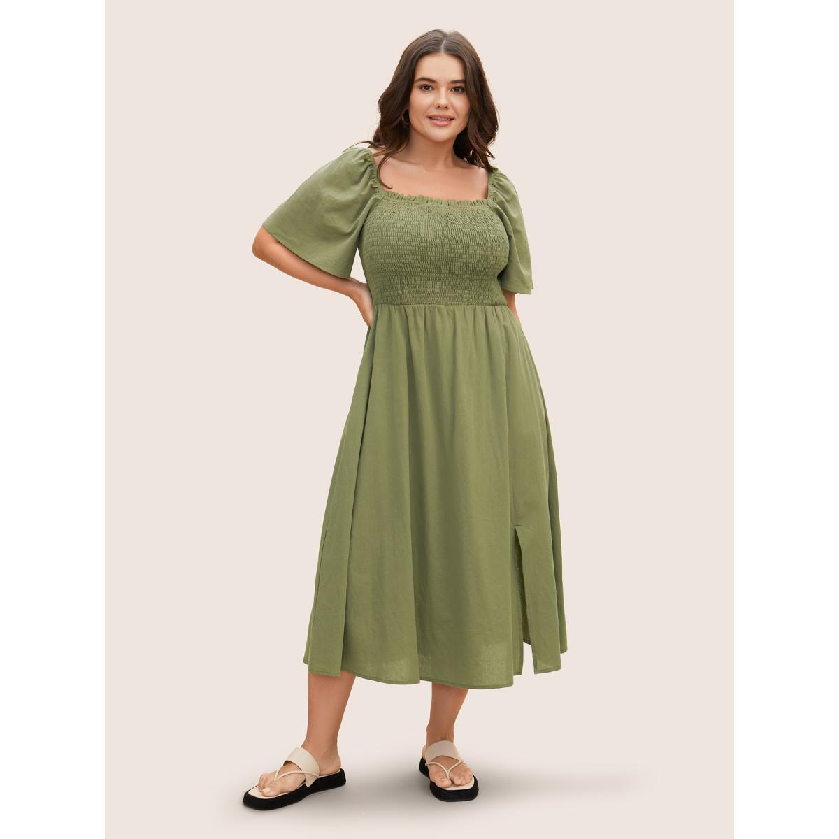 Plus Size Cotton Square Neck Shirred Ruffle Sleeve Split Hem Dress ArmyGreen Women Casual Gathered Square Neck Short sleeve Curvy BloomChic 30/6X Product Image