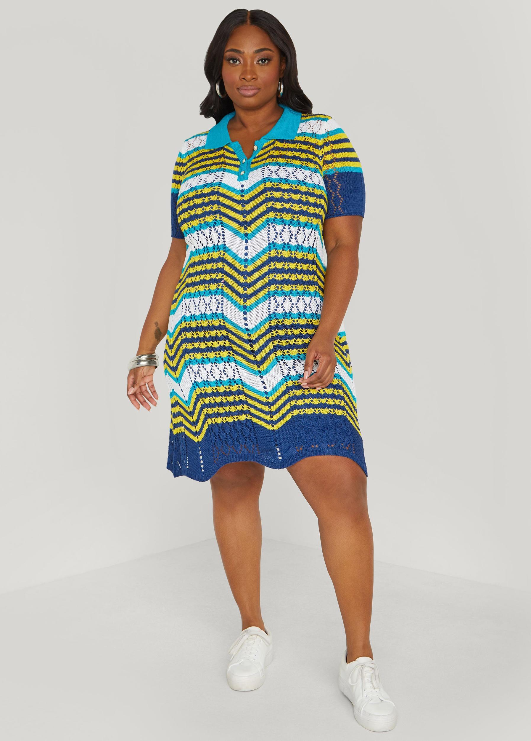 Plus Size Striped Pointelle Knit Polo Dress Ashley Stewart Product Image