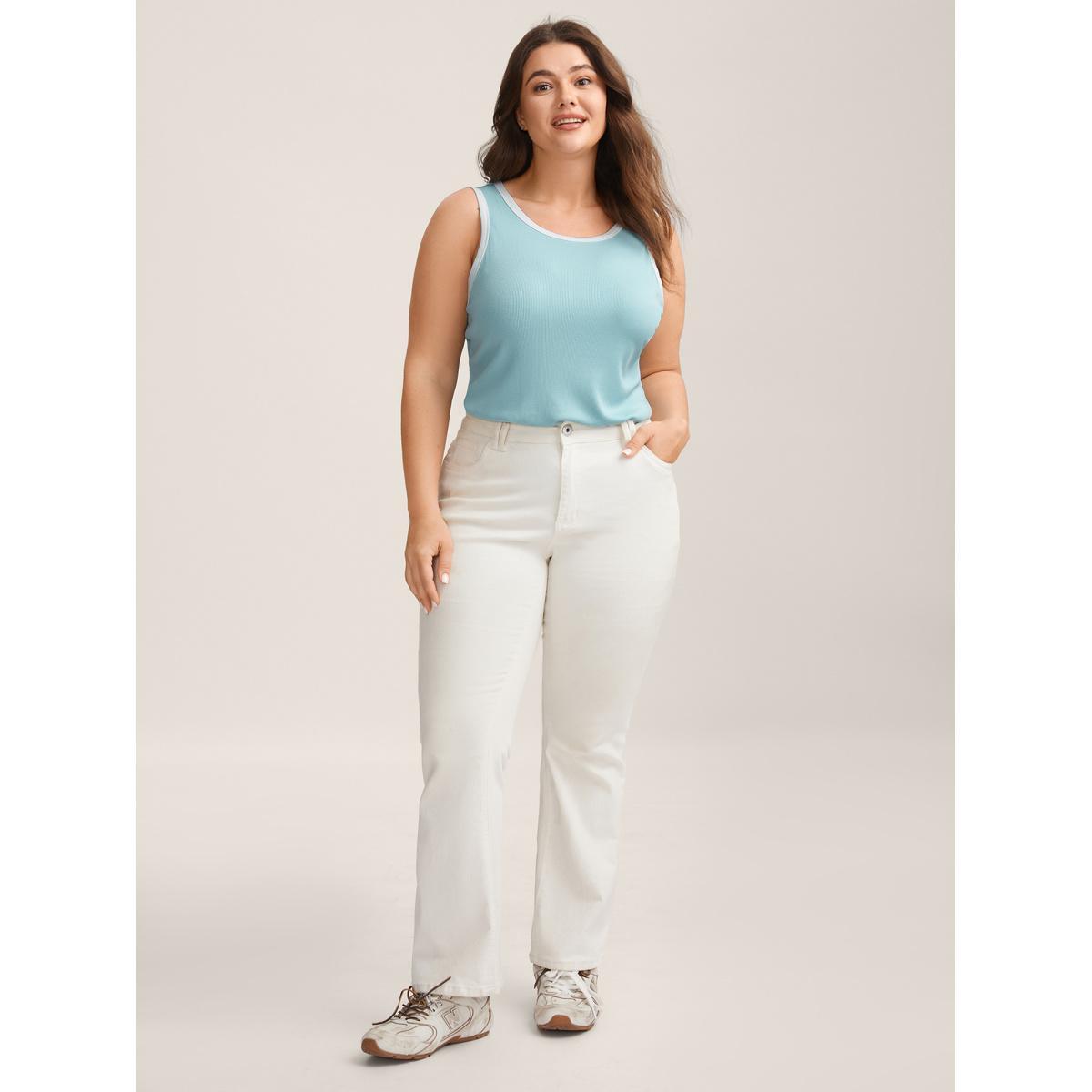 Plus Size Supersoft Stretchy Color Contrast Tank Top Women LightBlue Texture Round Neck Everyday-Casual Tank Tops Camis BloomChic 30/6X Product Image