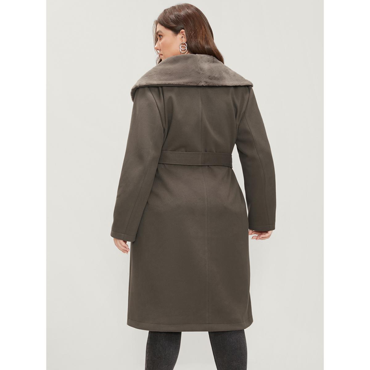 Plus Size Solid Double Breasted Pocket Lapel Collar Fuzzy Trim Belted Coat Women ArmyGreen Elegant Patchwork Ladies Dailywear Winter Coats BloomChic 18-20/2X Product Image