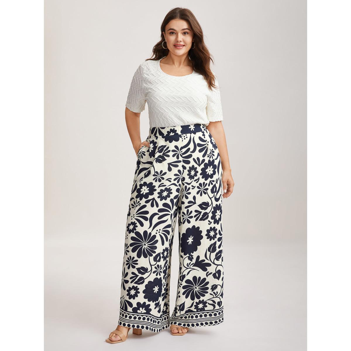 Plus Size Floral Print Wide-Leg Pants Women Indigo Timeless Wide Leg Mid Rise Elegant Pants BloomChic 28/5X Product Image