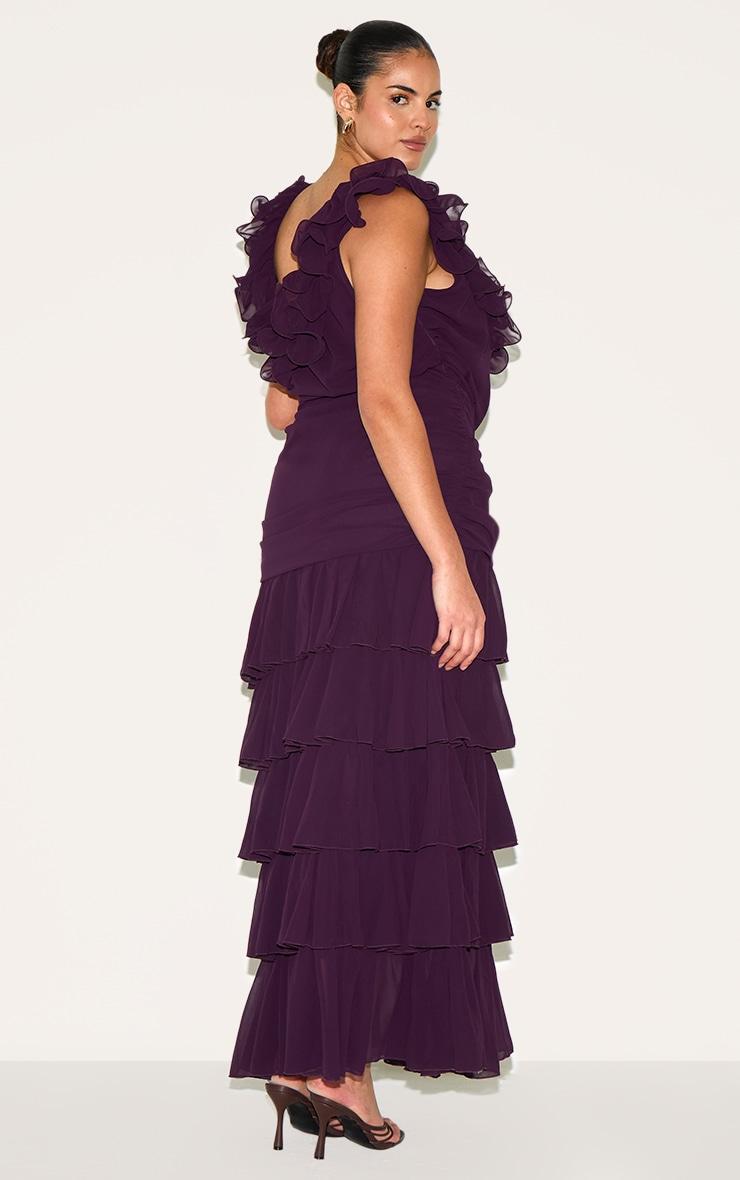 Plus Wine Chiffon Ruched Ruffle Maxi Dress Product Image