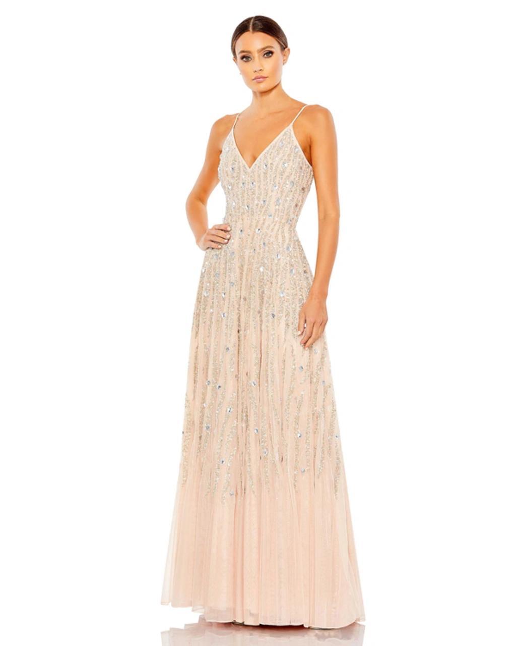 Embellished Tulle Spaghetti Strap Gown In Beige Product Image