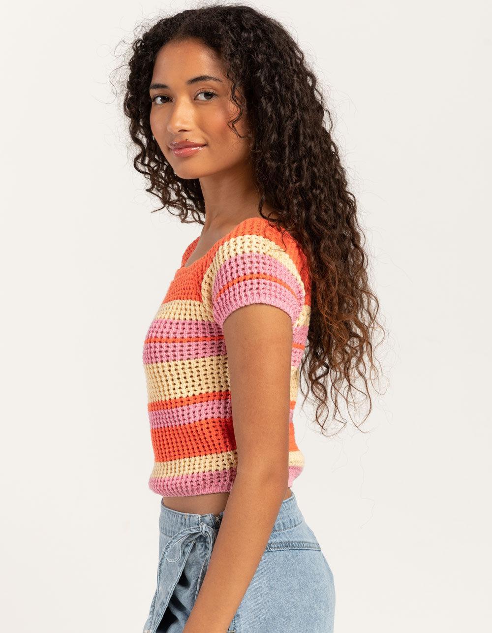 FULL TILT Stripe Off The Shoulder Womens Top - PINK COMBO Product Image