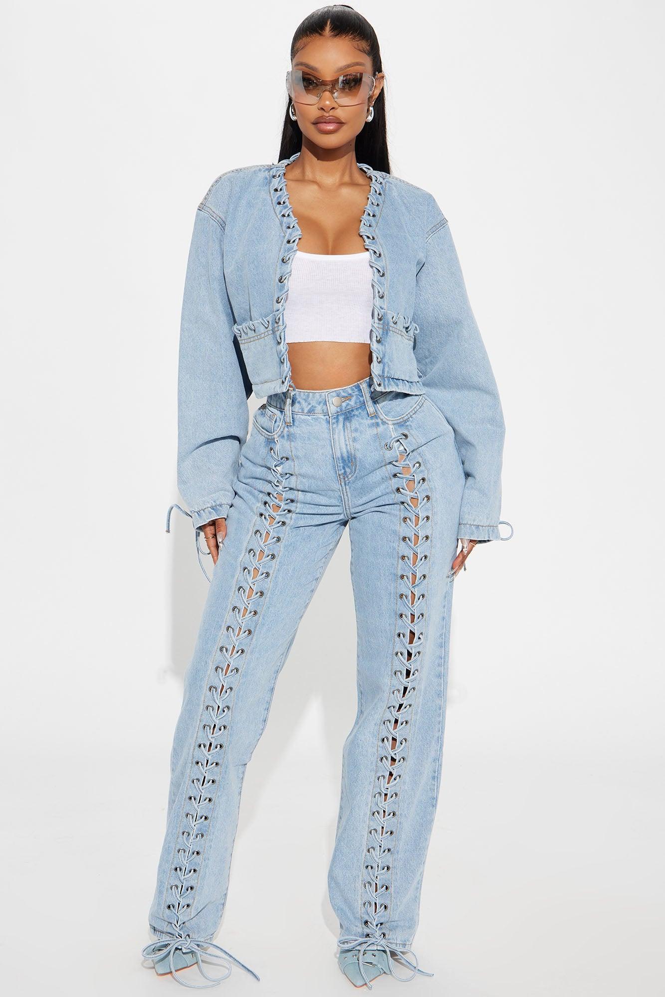 Amplified Cropped Lace Up Denim Jacket - Light Wash Product Image