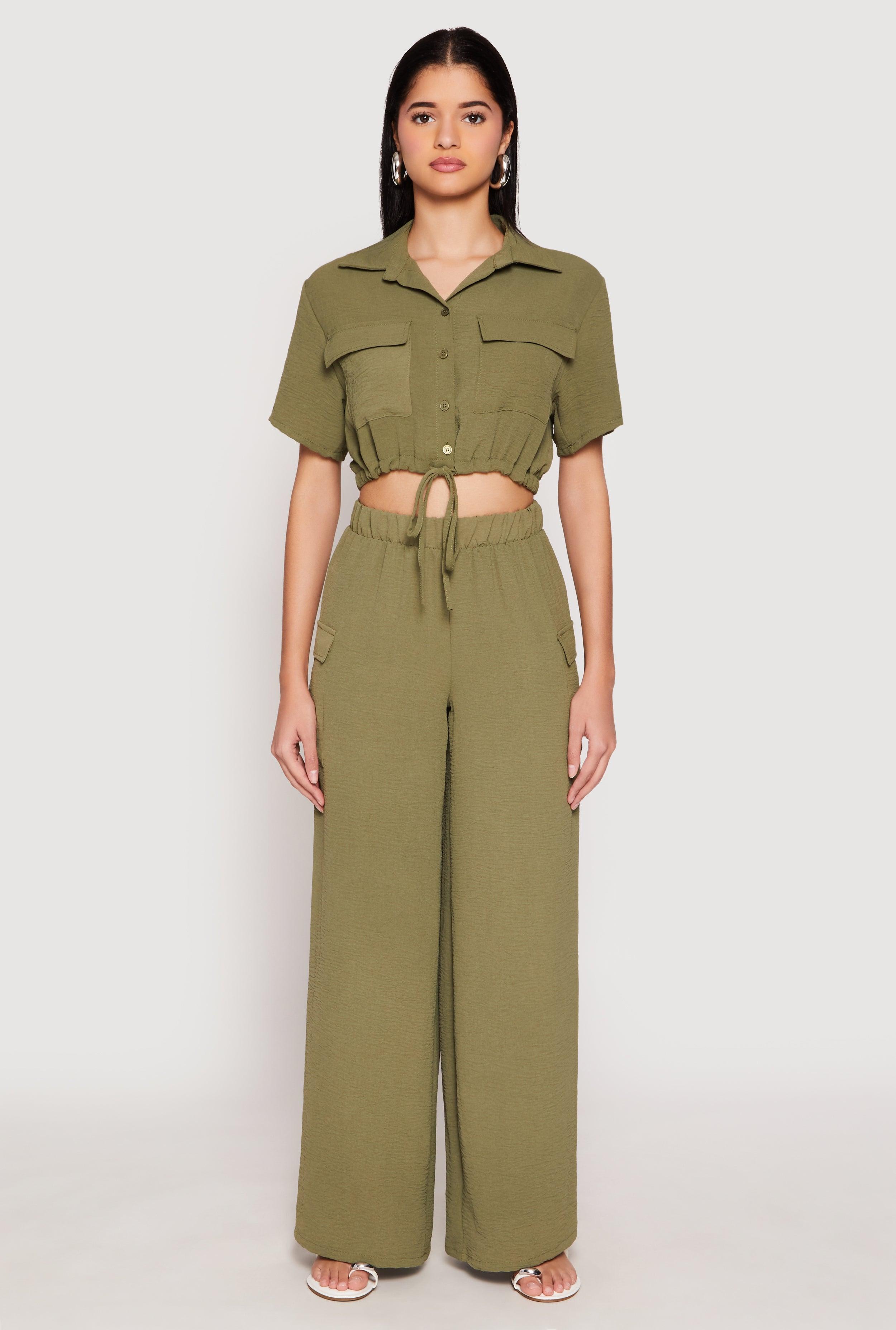 Womens Crepe Knit Button Front Cropped Shirt and Wide Leg Pants Product Image