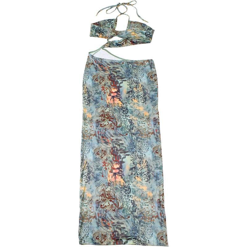 Halter Patterned Print Cutout Slit Maxi Sheath Dress Product Image