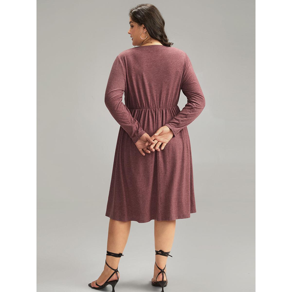 Plus Size Supersoft Essentials Notched Elastic Waist Dress Russet Women Elegant Gathered Notched collar Long Sleeve Curvy Midi Dress BloomChic 14-16/1X Product Image