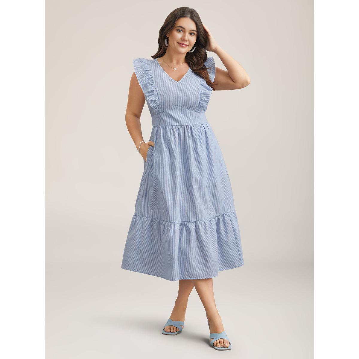 Plus Size Ruffled Striped Print Triangular Waist Midi Dress Skyblue Women Timeless Ruffles V-neck Cap Sleeve Curvy BloomChic 22-24/3X Product Image