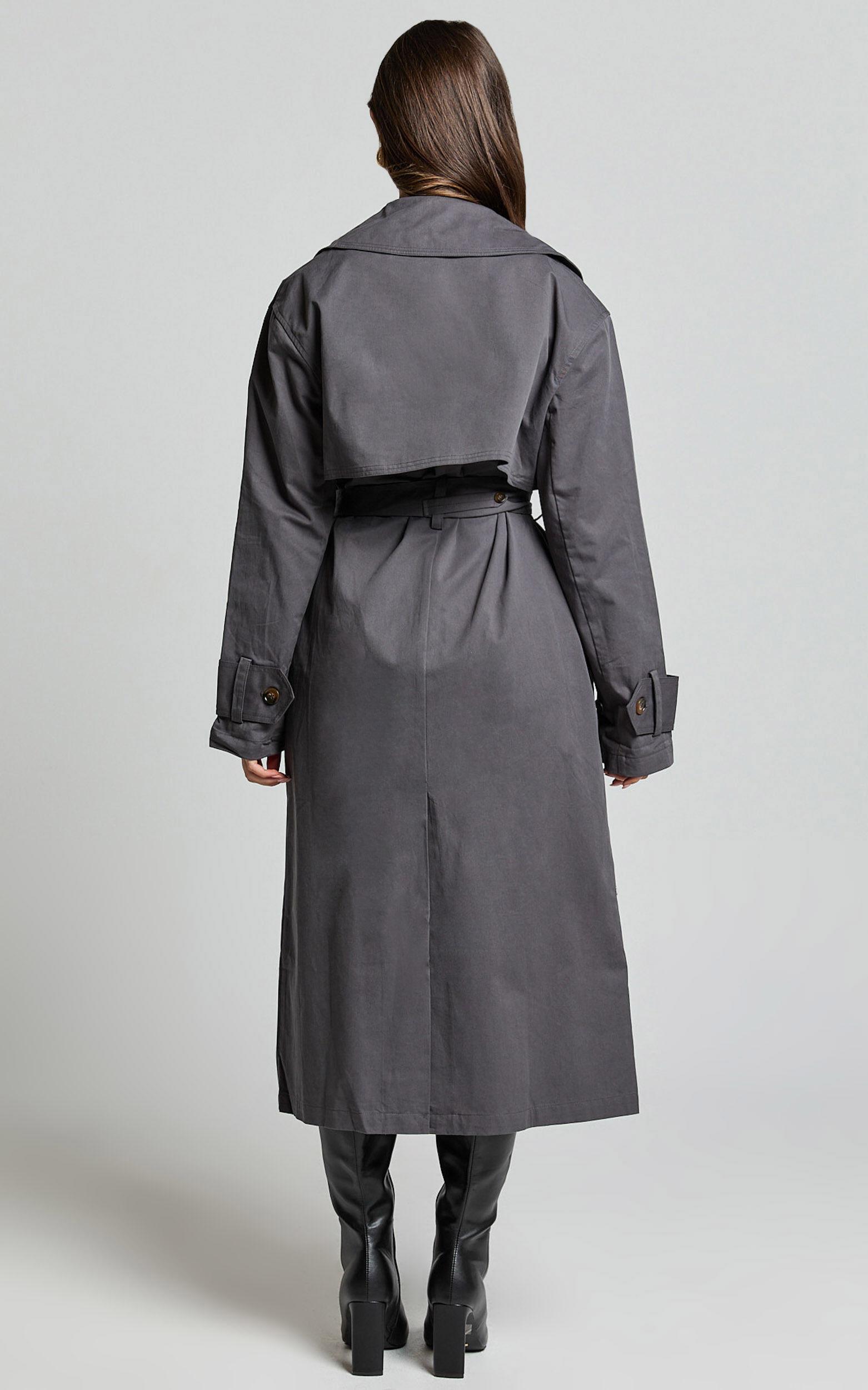 Avah Trench Coat - Double Breasted Tie Waist Coat in Charcoal Product Image