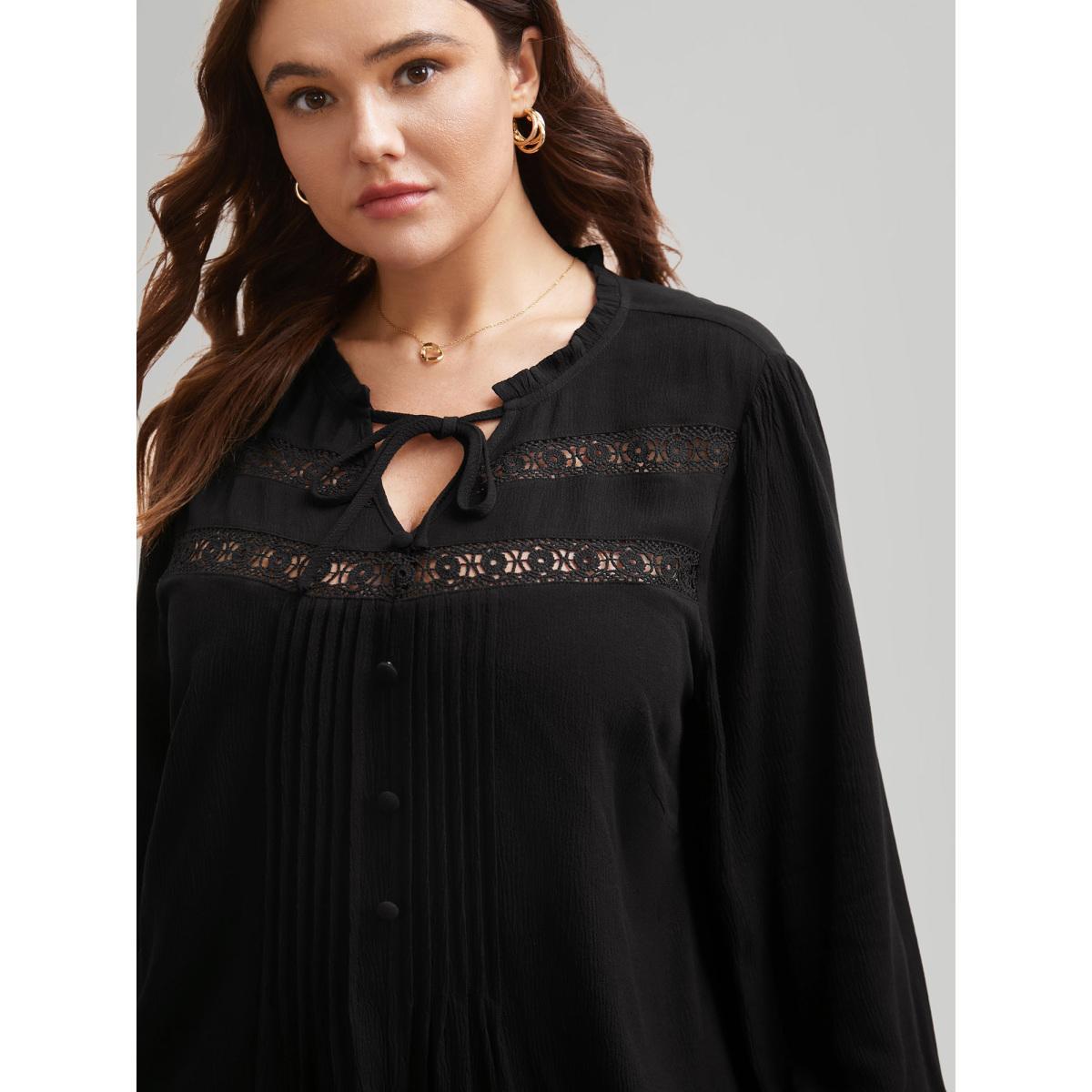 Plus Size Black Lace Patchwork Pleated Ruffles Blouse Women Timeless Long Sleeve V-neck Elegant Blouses BloomChic 22-24/3X Product Image