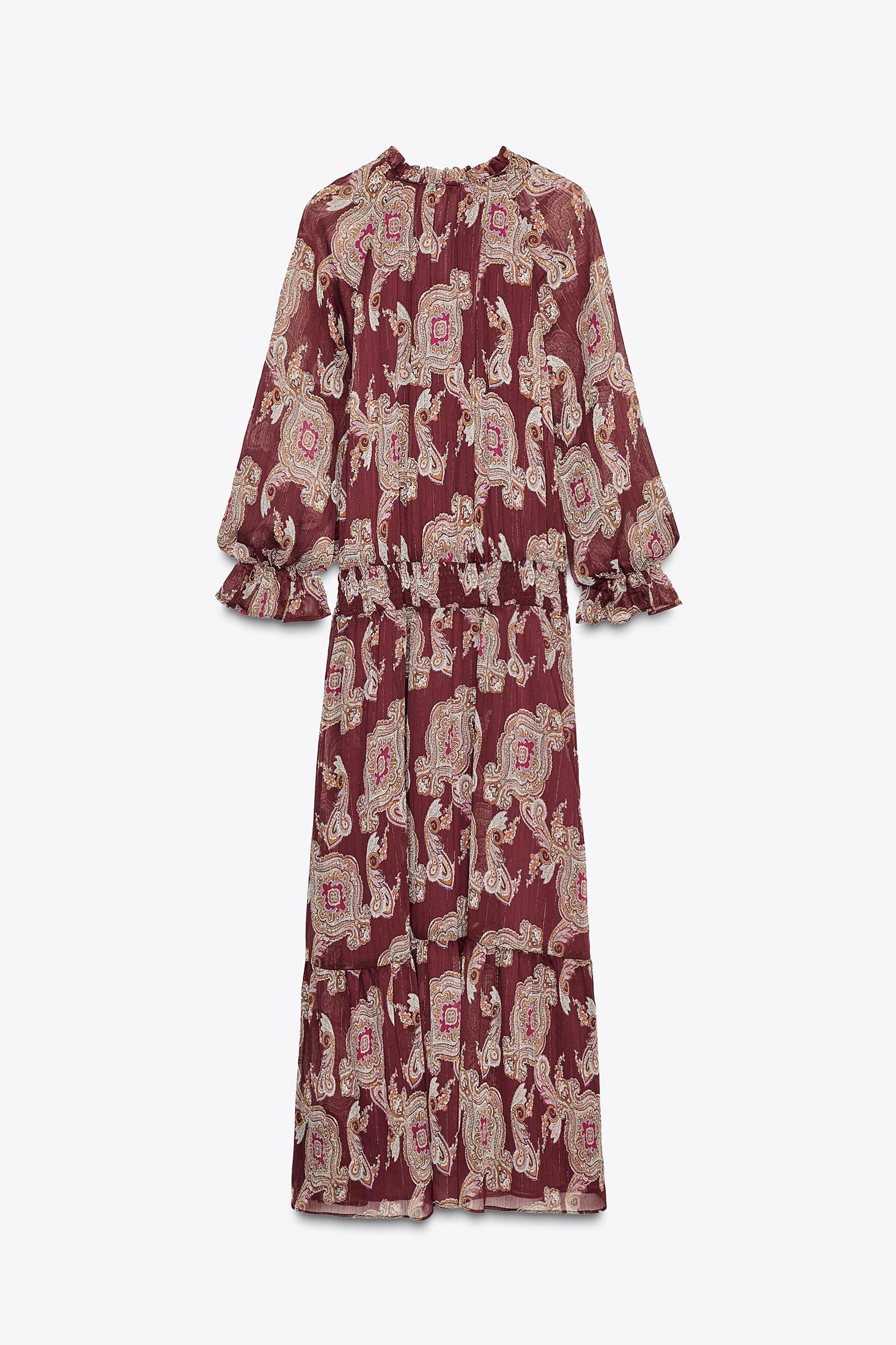 LONG PRINTED DRESS WITH METALLIC THREAD Product Image
