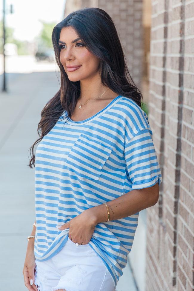 Vital Moment Blue and Ivory Striped Scoop Neck T-Shirt FINAL SALE Product Image