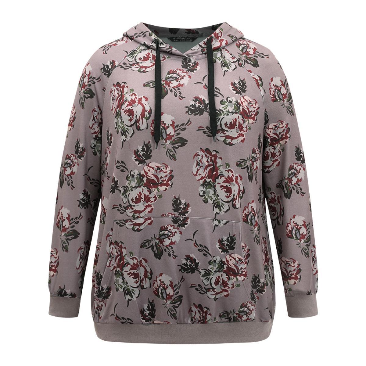 Plus Size Floral Drawstring Hooded Kangaroo Pocket Sweatshirt Women Gray Elegant Printed Hooded Dailywear Sweatshirts BloomChic 26/4X Product Image