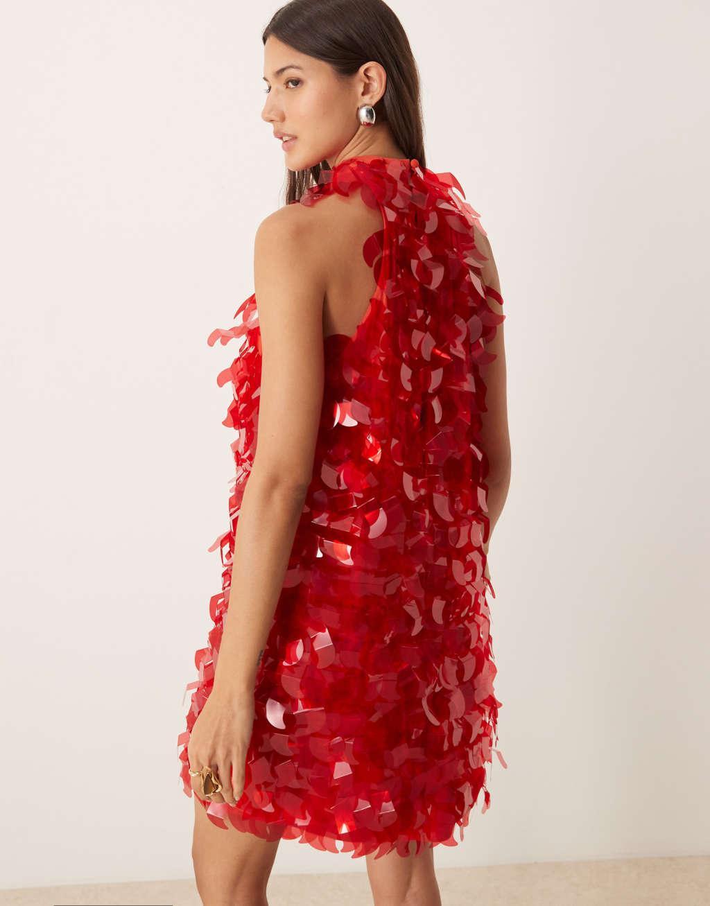 ASOS EDITION embellished sequin shard halterneck mini dress in red Product Image