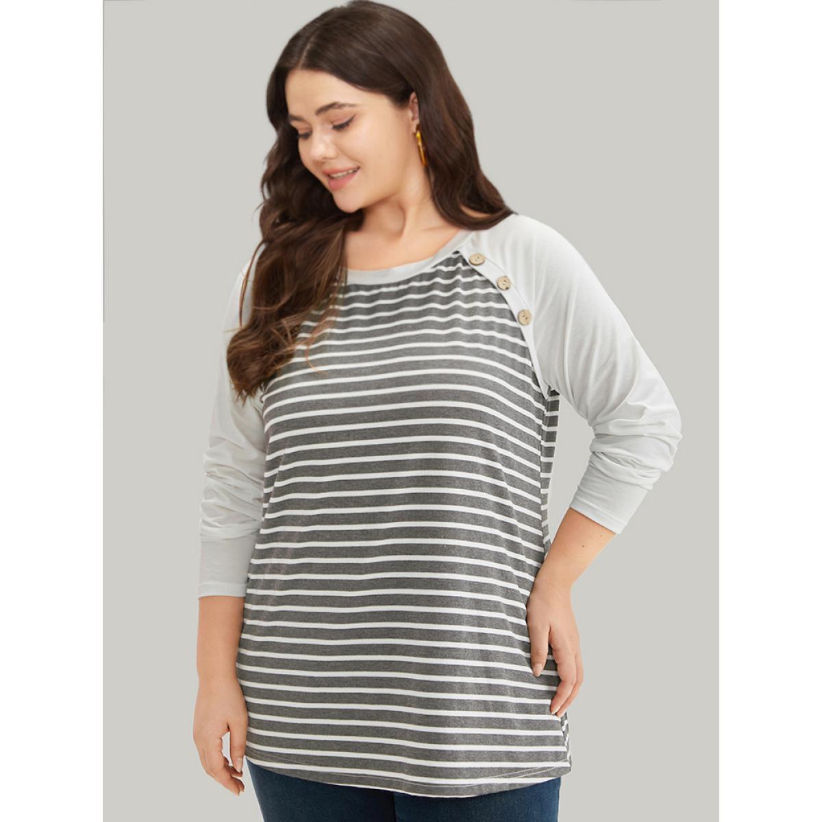 Plus Size Striped Patchwork Button Detail Raglan Sleeve T-shirt Gray Women Casual Patchwork Striped Round Neck Dailywear T-shirts BloomChic 12/L Product Image