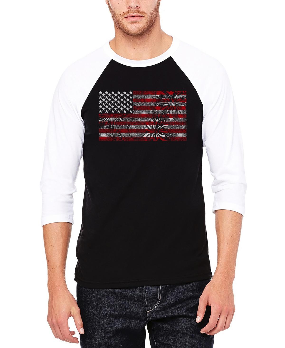 La Pop Art Mens Raglan Baseball Word Art Fireworks American Flag T-shirt - Gray Product Image