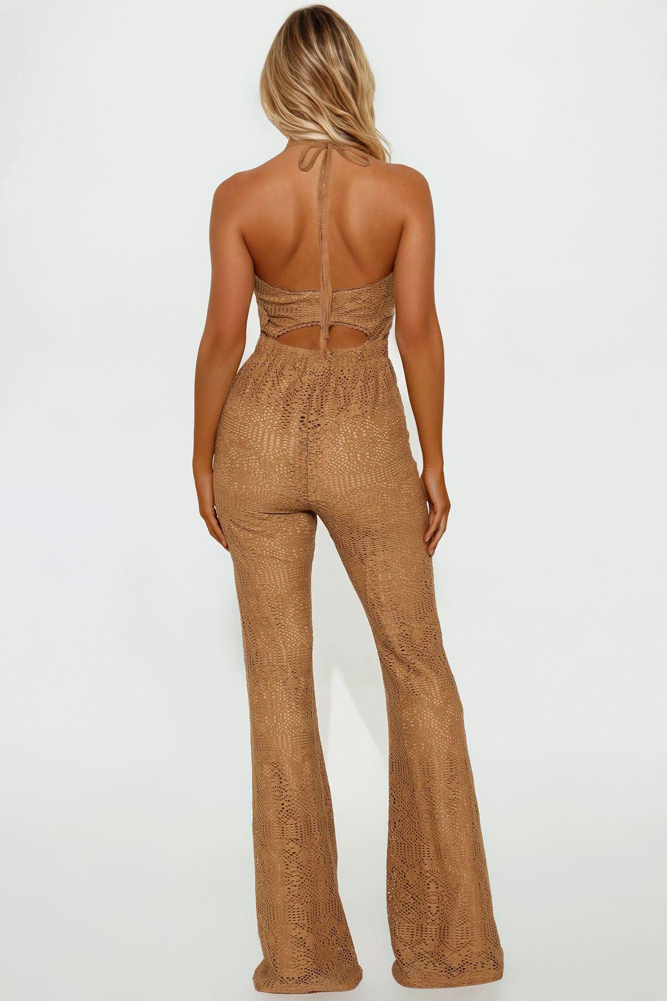 Sunlit Crochet Flare Jumpsuit - Brown Product Image