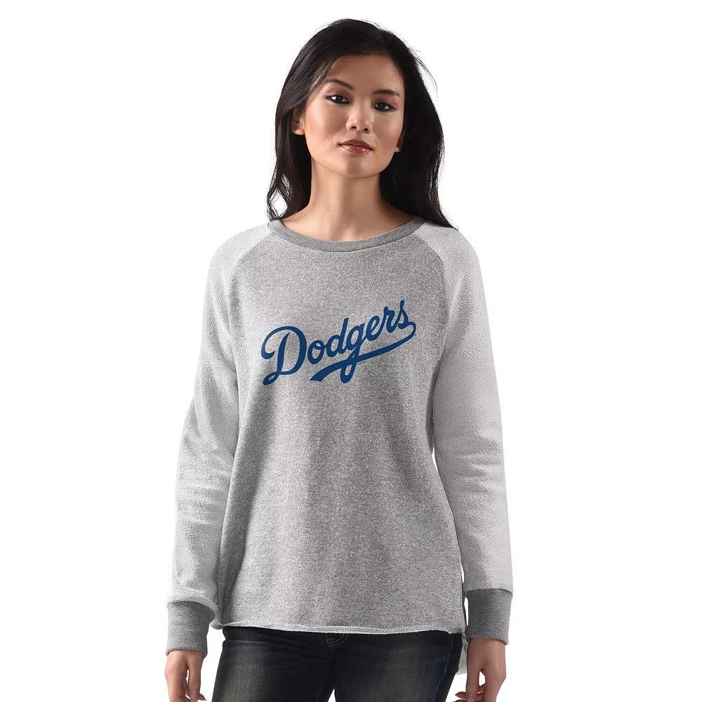 Women's G-III 4Her by Carl Banks  Heather Gray Los Angeles Dodgers Gridiron Raglan Pullover Sweatshirt, Size: Medium, Grey Product Image
